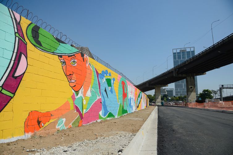 Rio de Janeiro (RJ), 21/09/2023 – Muro grafitado pelo artista Lucas Cassarotti como parte do projeto Cores da Brasil, que será o maior corredor de arte urbana da América Latina, na Avenida Brasil, zona norte da capital fluminense. Foto: Tomaz